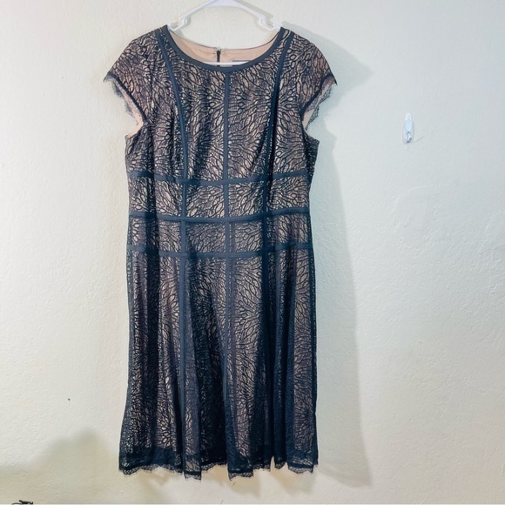 Adrianna Papell Lace Cap Sleeve Evening Dress Women Size 14W Black/Cream